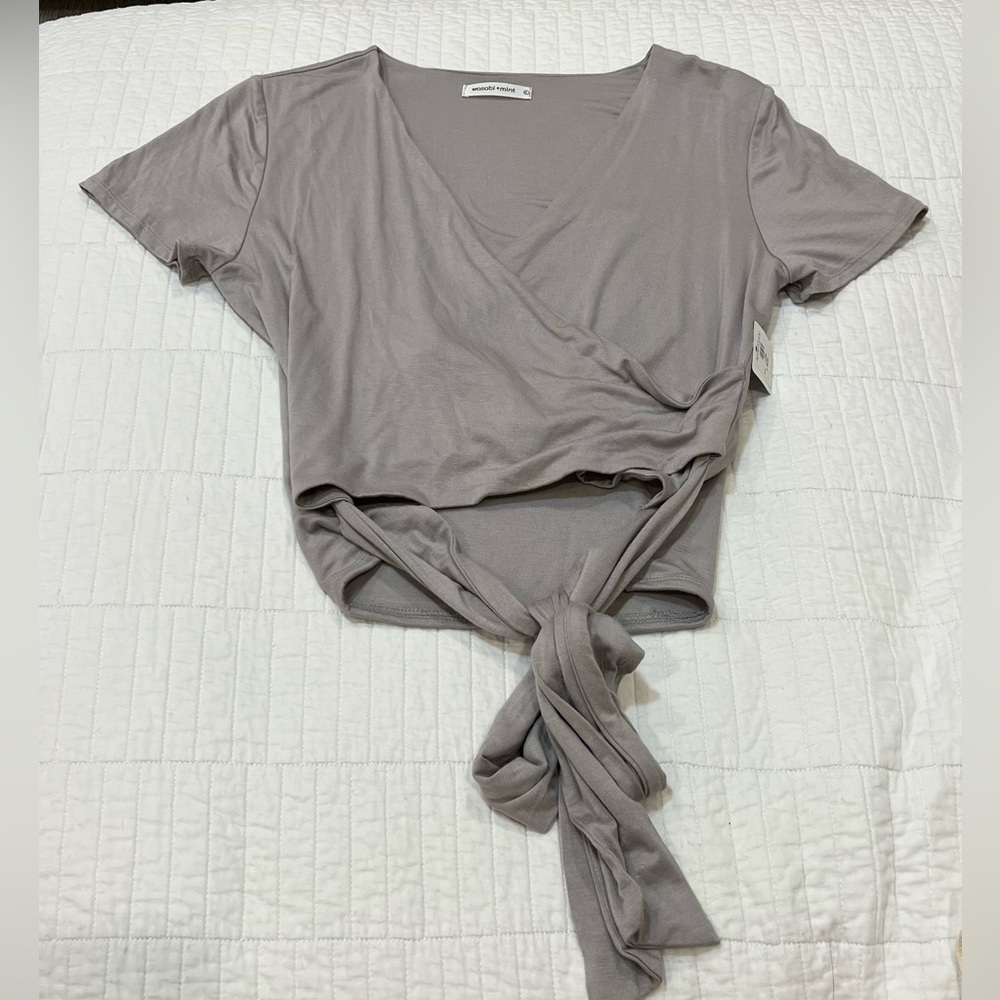 Always Stay True Short Sleeve Cropped Surplice Top - Grey